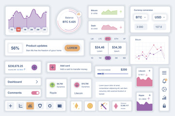 Aufkleber - User interface elements set for cryptocurrency mobile app. Kit template with HUD diagrams, profit information, currency exchange, mining graph, banking. Pack of UI, UX, GUI screens. Vector components.
