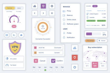 Aufkleber - User interface elements set for cyber security mobile app. Kit template with HUD diagrams, vpn shield, connection information, download and upload data. Pack of UI, UX, GUI screens. Vector components.
