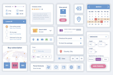 Poster - User interface elements set for delivery mobile app. Kit template with HUD diagrams, package information, map tracking, calculator, calendar, review. Pack of UI, UX, GUI screens. Vector components.