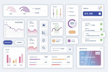 Leinwandbilder - User interface elements set for finance mobile app. Kit template with HUD diagrams, deposit or credit information, money analytics, balance, account. Pack of UI, UX, GUI screens. Vector components.