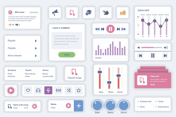 Fototapete - User interface elements set for music mobile app. Kit template with HUD diagrams, player button, playlists, broadcasting, equalizer setting, account. Pack of UI, UX, GUI screens. Vector components.