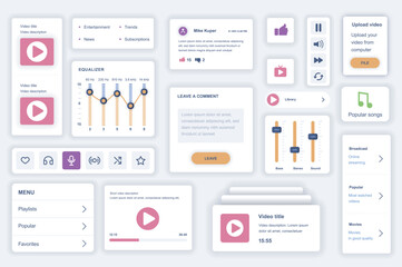 Aufkleber - User interface elements set for video tube mobile app. Kit template with HUD diagrams, player button, streaming platform, equalizer, playlist, rating. Pack of UI, UX, GUI screens. Vector components.