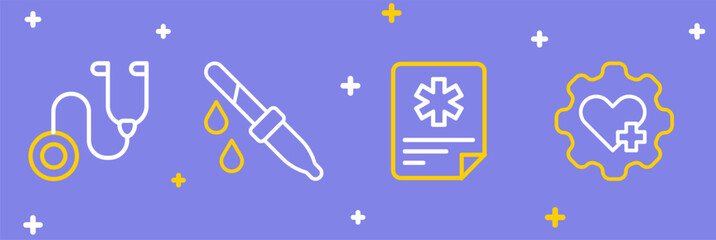 Poster - Set line Heart with cross, Patient record, Pipette and Stethoscope icon. Vector