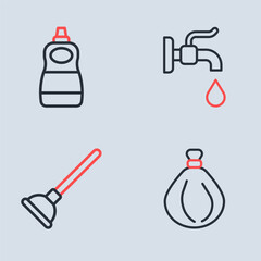 Poster - Set line Water tap, Rubber plunger, Garbage bag and Dishwashing liquid bottle icon. Vector