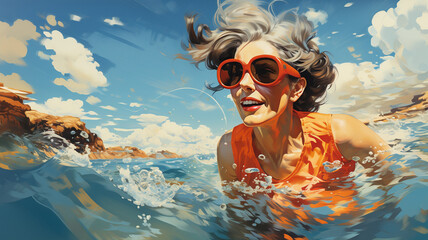 Sticker - elderly woman with a goggles underwater in the sea.