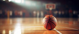 Fototapeta Sport - Basketball game sport arena stadium court on spotlight with basket ball on floor