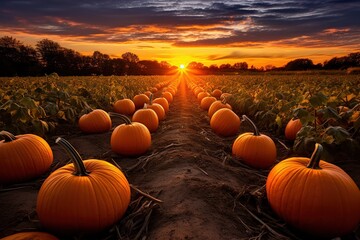 Poster - Pumpkin field at sunset