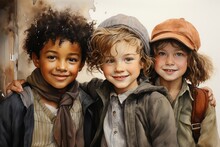 Group Of Cute Children In Watercolor Style