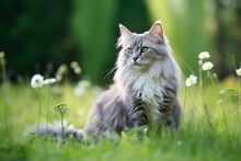 A Beautiful Fluffy Cat Walks Along A Path In The Grass