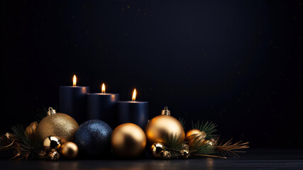 Poster - christmas decoration with candles and baubles on black background, copy space