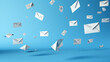 Envelope and flying paper planes on blue background