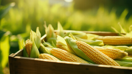 Wall Mural - Fresh corn on the cob in a wooden box. Selective focus.