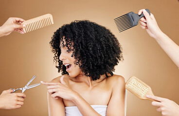 Canvas Print - Hair care, shock and tools of woman in a studio with curly, natural and salon treatment. Smile, beauty and model from Mexico with scissor, brush and comb for hairstyle isolated by brown background