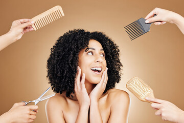 Canvas Print - Hair care, scissor and woman in studio with tools for curly, natural and salon treatment. Smile, beauty and model from Mexico with brush and comb for healthy hairstyle isolated by brown background.