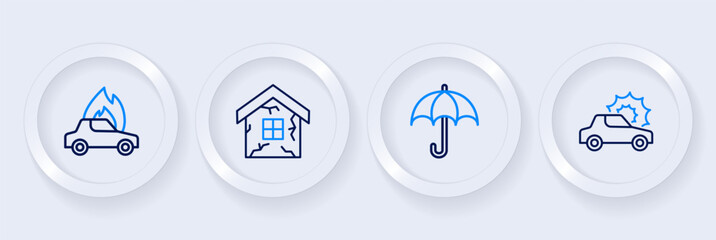 Canvas Print - Set line Car insurance, Umbrella, House and Burning car icon. Vector