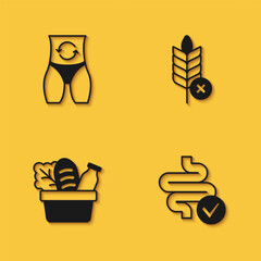 Wall Mural - Set Metabolism, Intestines, Shopping bag and food and Gluten free grain icon with long shadow. Vector