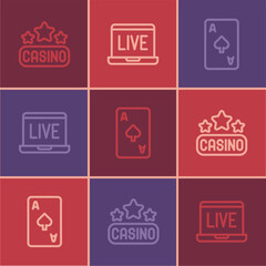 Sticker - Set line Casino signboard, Playing card with spades symbol and Online poker table game icon. Vector