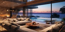 AI Generated. AI Generative. Luxury Hotel Villa House Patio Mansion Style Living Relaxing Room With Big Window And View On Sea Ocean Landscape Background.  Graphic Art