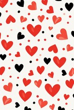 Pattern With Big Red And Small Black Hearts On A White Background. Top View, Flat Lay. Valentine's Day, Anniversary.