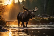 A Bull Moose Standing In The Edge Of A River In The Forest. Created With Generative AI