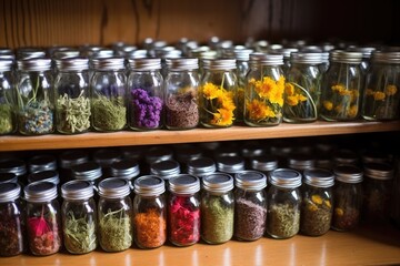 Wall Mural - wildflower seeds kept in glass jars in an attic