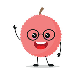 Wall Mural - Cute happy lychee character wear eyeglasses. Smiling and greet fruit cartoon emoticon in flat style. closet vector illustration