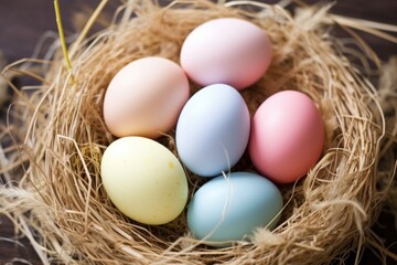 Canvas Print - pastel colored eggs in a nest