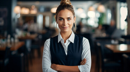 Wall Mural - Portrait of a young woman. indoor photo. in cafe,Coffee shop staff working