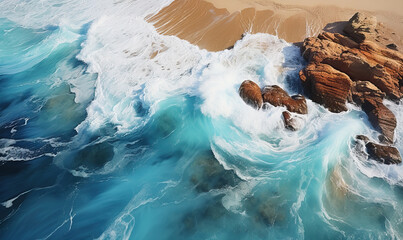 Wall Mural - Turquoise waves with foam running on the sandy shore.