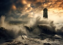 Waves Crashing Against A Lighthouse And Sea Wall,