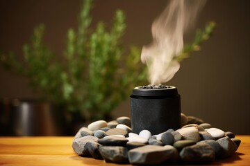 Poster - aroma diffuser releasing steam near a pile of spa stones