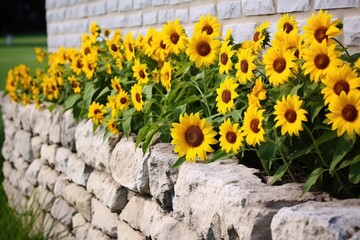 Canvas Print - sunflowers in full bloom against a plain stone wall