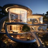 Fototapeta Londyn - Futurist modern house from the shell into daylight and night