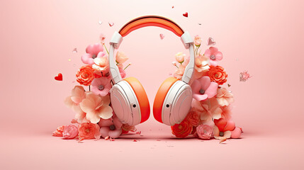 earphones with flowers, pink background with flowersgenerative ai, isolated, white, bulb, energy, light, plastic, object, lamp, glass, bottle, blue, electric, electricity, tube, bright, power, abstrac