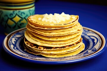 Sticker - a stack of corn tortillas on a blue ceramic plate