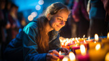 Fototapeta  - Candle of Peace: Heartfelt Close-up of a Peace Activist Lighting a Vigil Candle