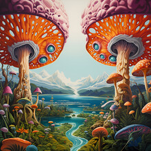 Fantasy Mushroom Cartoon With Eyes, Plants And Flowers, Various Beautiful Colors, Fantasy Novel, Generative AI