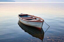 capsized rowboat on calm lake surface