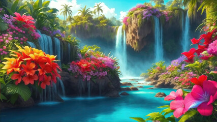 Paradise landscape with beautiful  gardens, waterfalls and flowers, magical idyllic background with many flowers in eden.