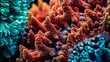 colorful high detailed macro image of sea corals, vivid multicolor textured wallpaper background of sea life corals reef