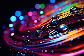 Canvas Print -  a close up of water droplets on a black surface with multicolored lines.  generative ai