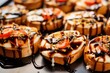 zoom on the edges of bruschetta with mozzarella cheese and balsamic glaze