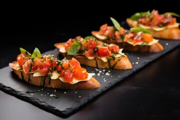 Wall Mural - bruschetta set in a diagonal line on a black slate surface, each topped with a leaf of fresh basil