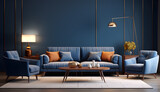 Fototapeta  - Sala com uma decoração moderna e cheia de estilo em tons de azul, bege e madeira.
