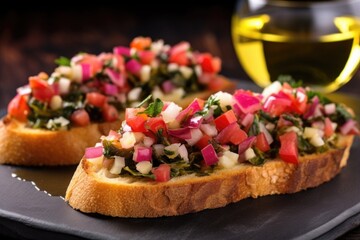 Canvas Print - colorful bruschetta with pickled turnips and cable knit background