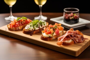 Wall Mural - view of three varieties of bruschetta with thin prosciutto on top