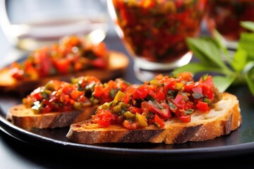 Wall Mural - close-up shot of bruschetta on a glass plate with chili peppers nearby