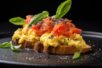 Canvas Print - side view of scrambled eggs on bruschetta sprinkled with cracked black pepper