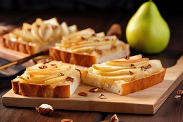 Wall Mural - angle view of bread slices topped with pears