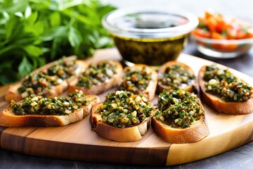 Poster - row of zaatar bruschetta on board beside bowls of olive oil